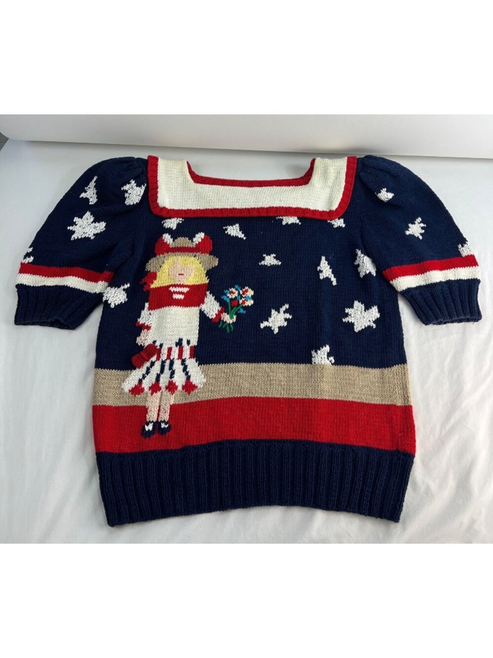VTG Berek Knit Sweater Patriotic Girl Navy Red White Puff Sleeves Cracker Jack W